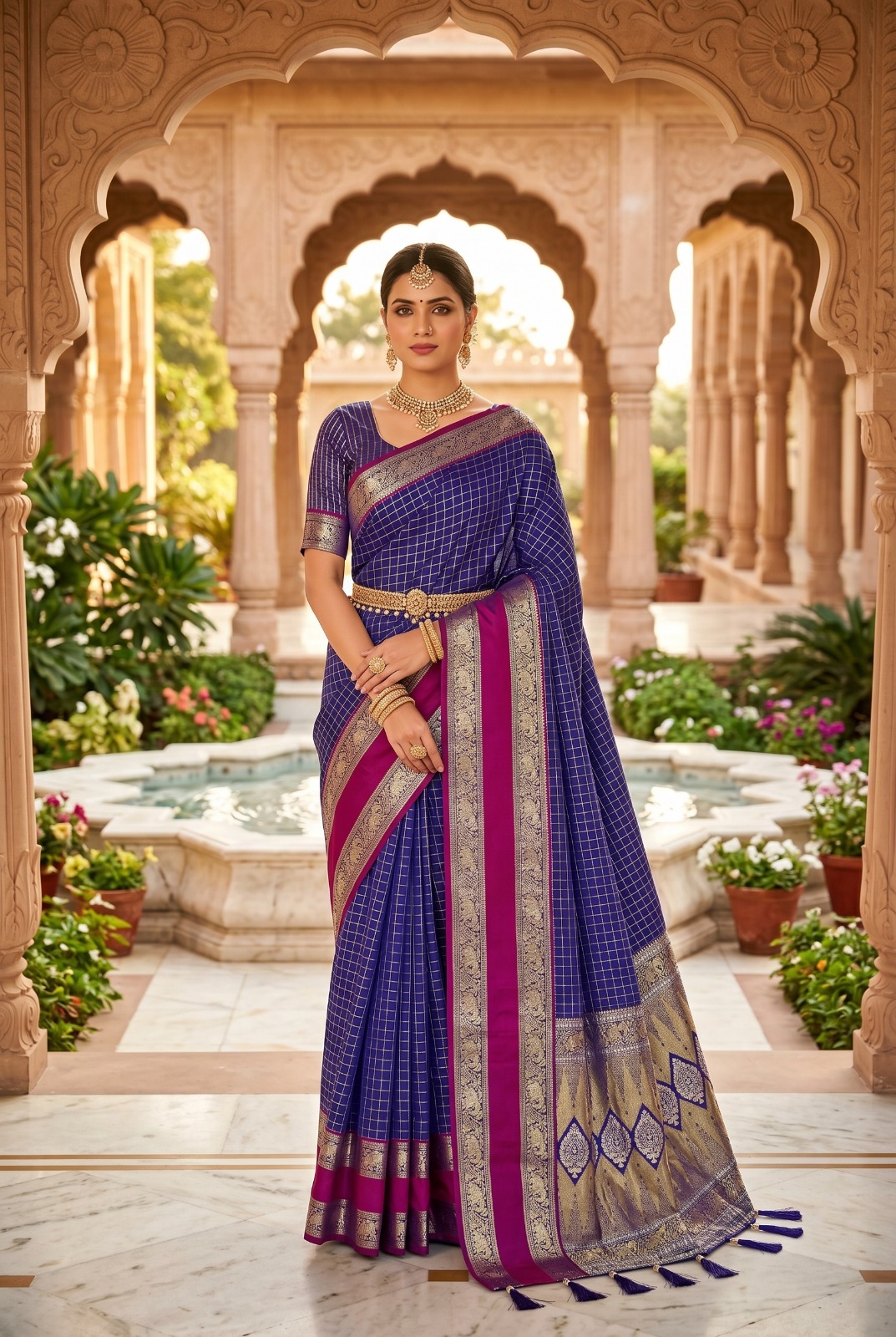 Deep Navy Blue with Magenta Pink Border Soft Kanchipuram Silk Saree